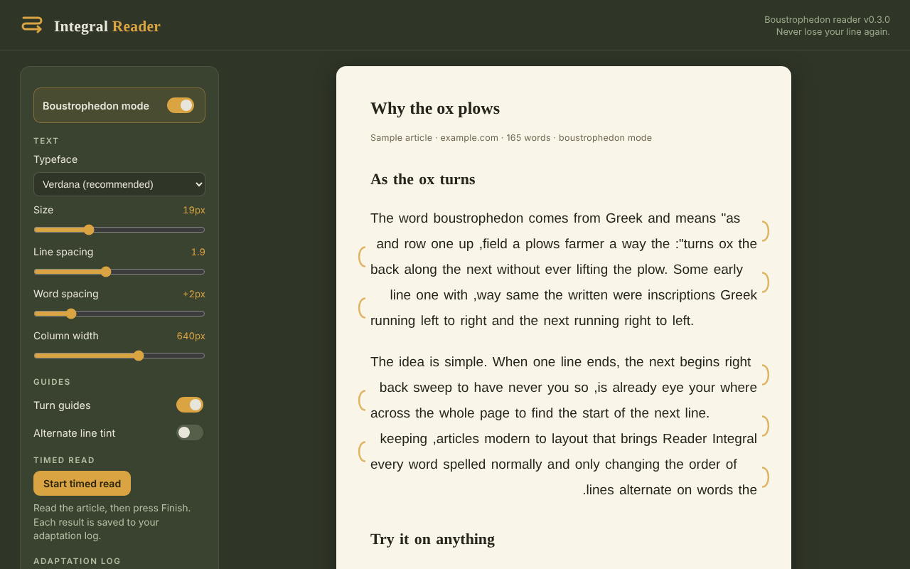 Integral Reader showing an article in boustrophedon mode