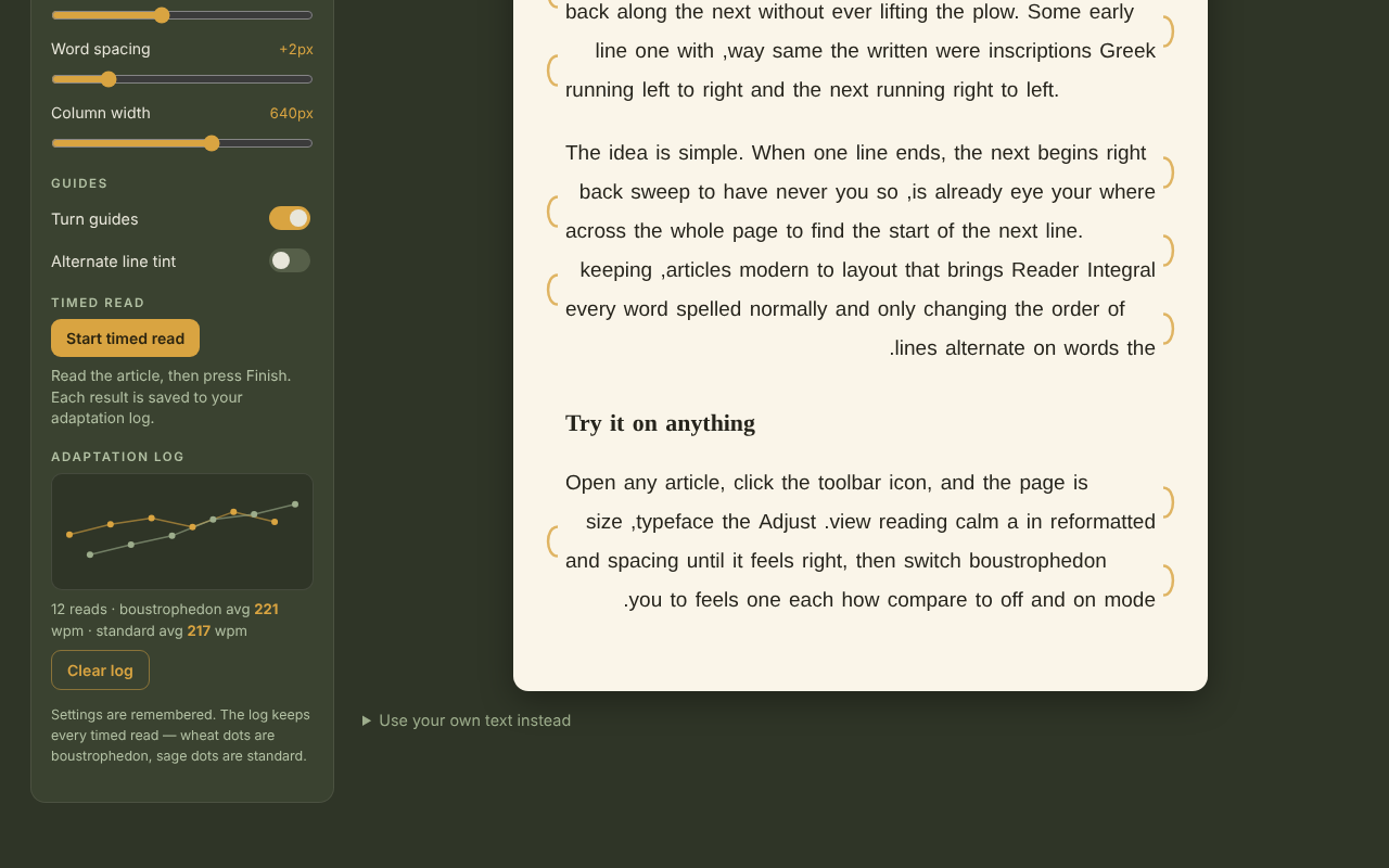 Adaptation log charting reading speed